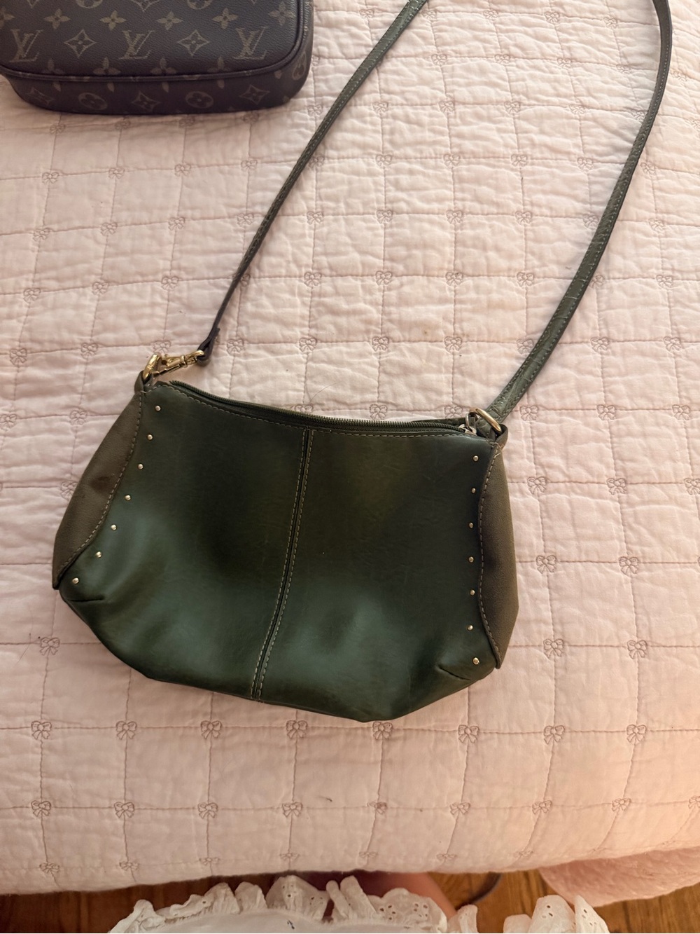 Liz Claiborne Dark Green Leather Shoulder Bag with Gold Stud Accents
